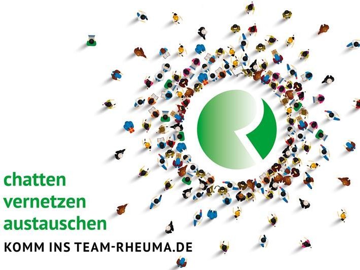 Illustration: stilisierte Figuren, die auf das grüne Logo der Rheuma-Liga zulaufen; im Vordergrund angedeutet die Schlagworte der Plattform „Team Rheuma“: "Chatten, vernetzen, austauschen".