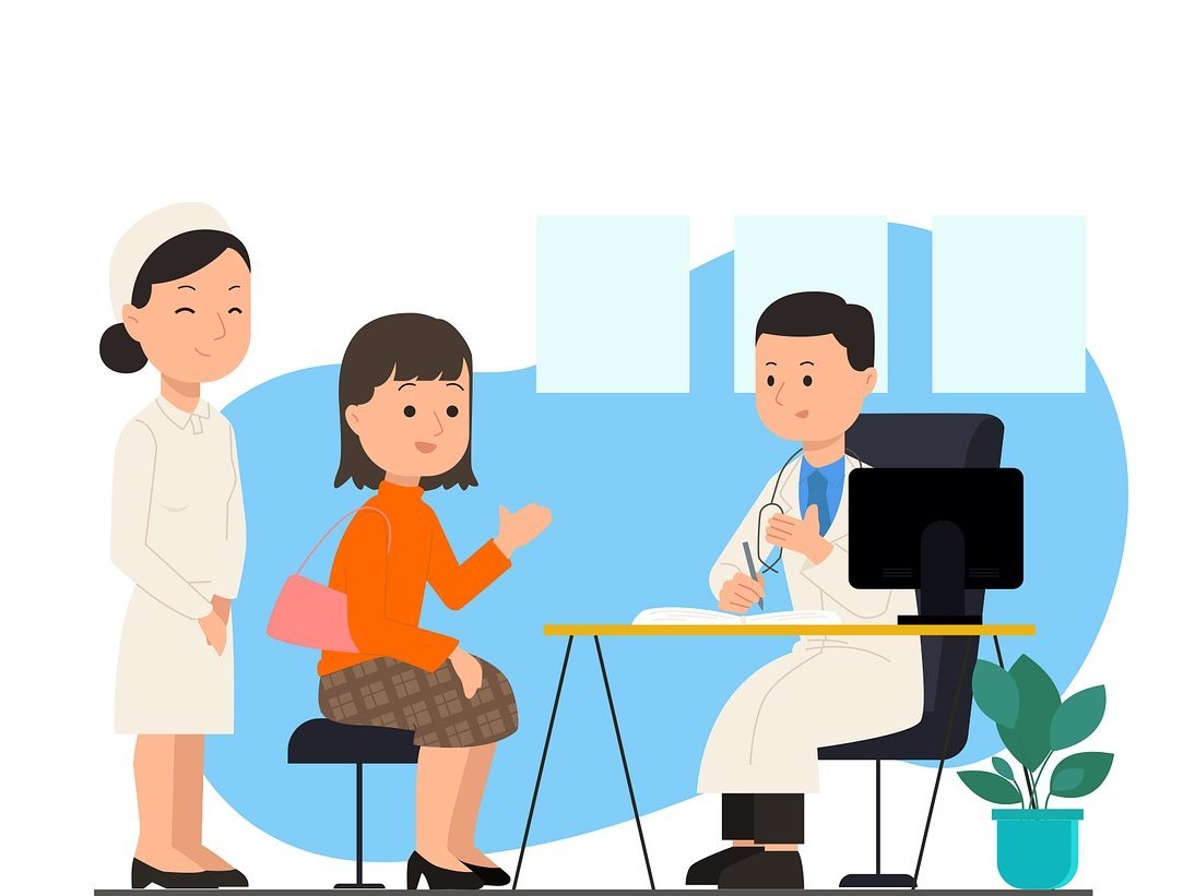 Die Illustration zeigt eine Patientin mit einem Arzt im Gespräch.