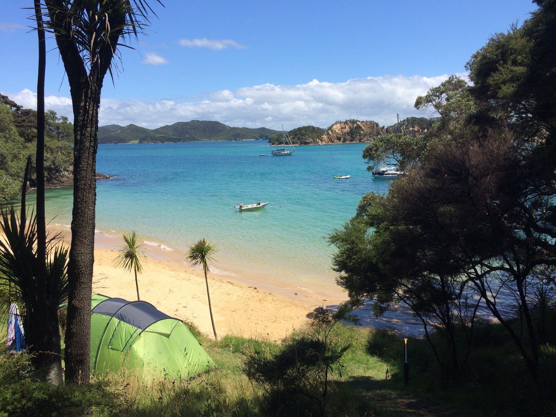 Strand mit Palmen und Zelt